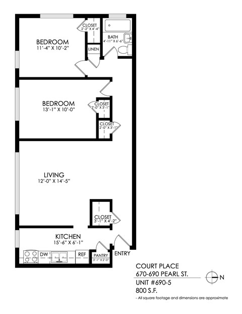 Floor plan for 2 beds, 1 bath, 795 sqft